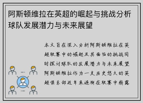 阿斯顿维拉在英超的崛起与挑战分析球队发展潜力与未来展望